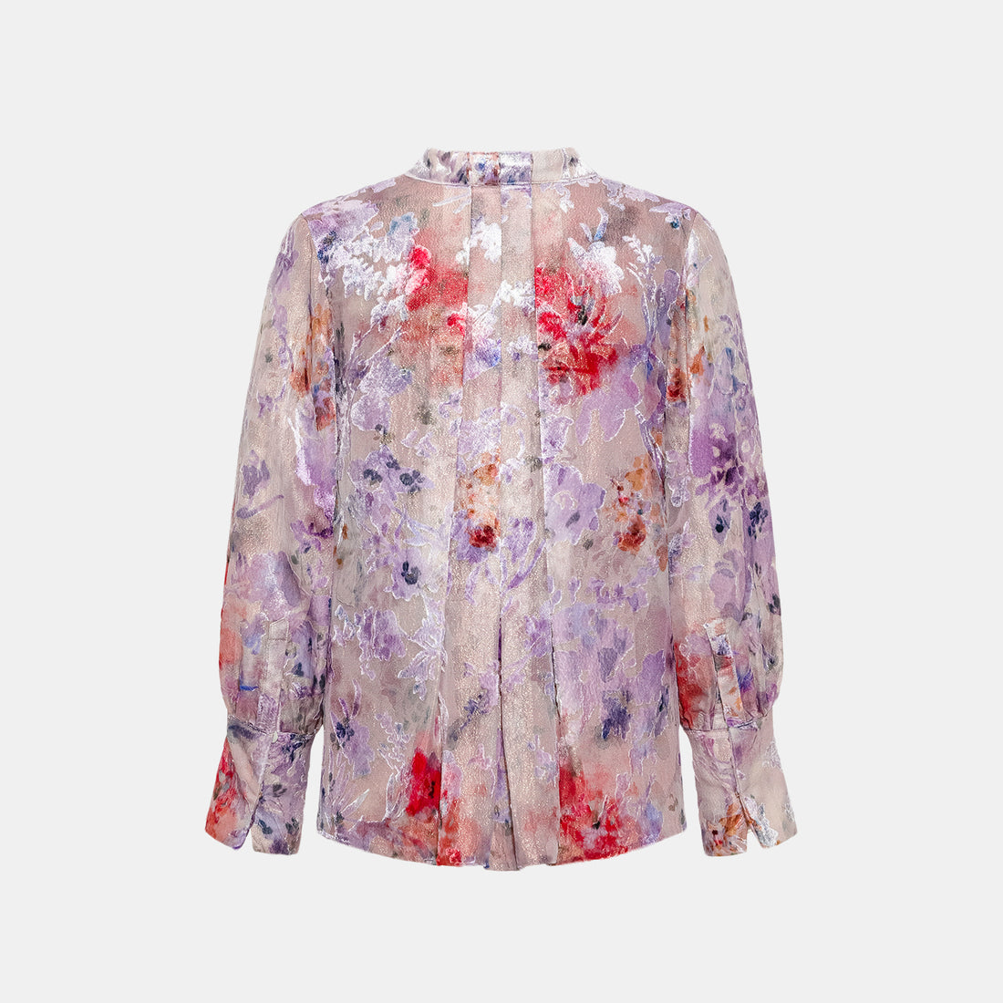 "Imperial Garden Teatime" Silk Velvet Burnished Special Cut Shirt - Dewy Red Smoky Purple