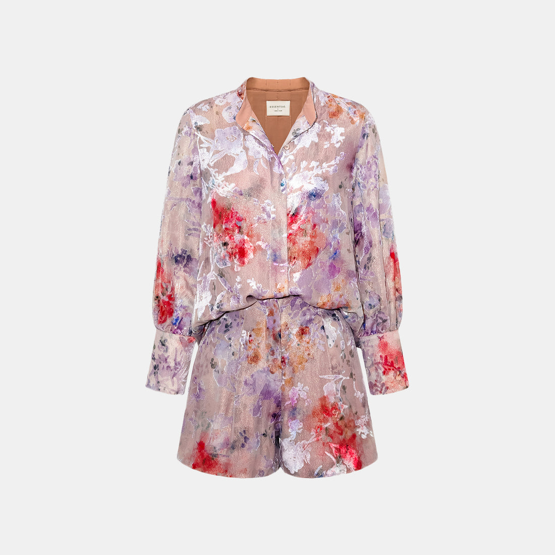 "Imperial Garden Teatime" Silk Velvet Burnished Special Cut Shirt - Dewy Red Smoky Purple