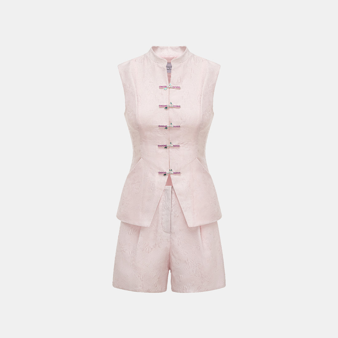 "Tea Banquet" Silver Jacquard Shorts - Pink Hibiscus