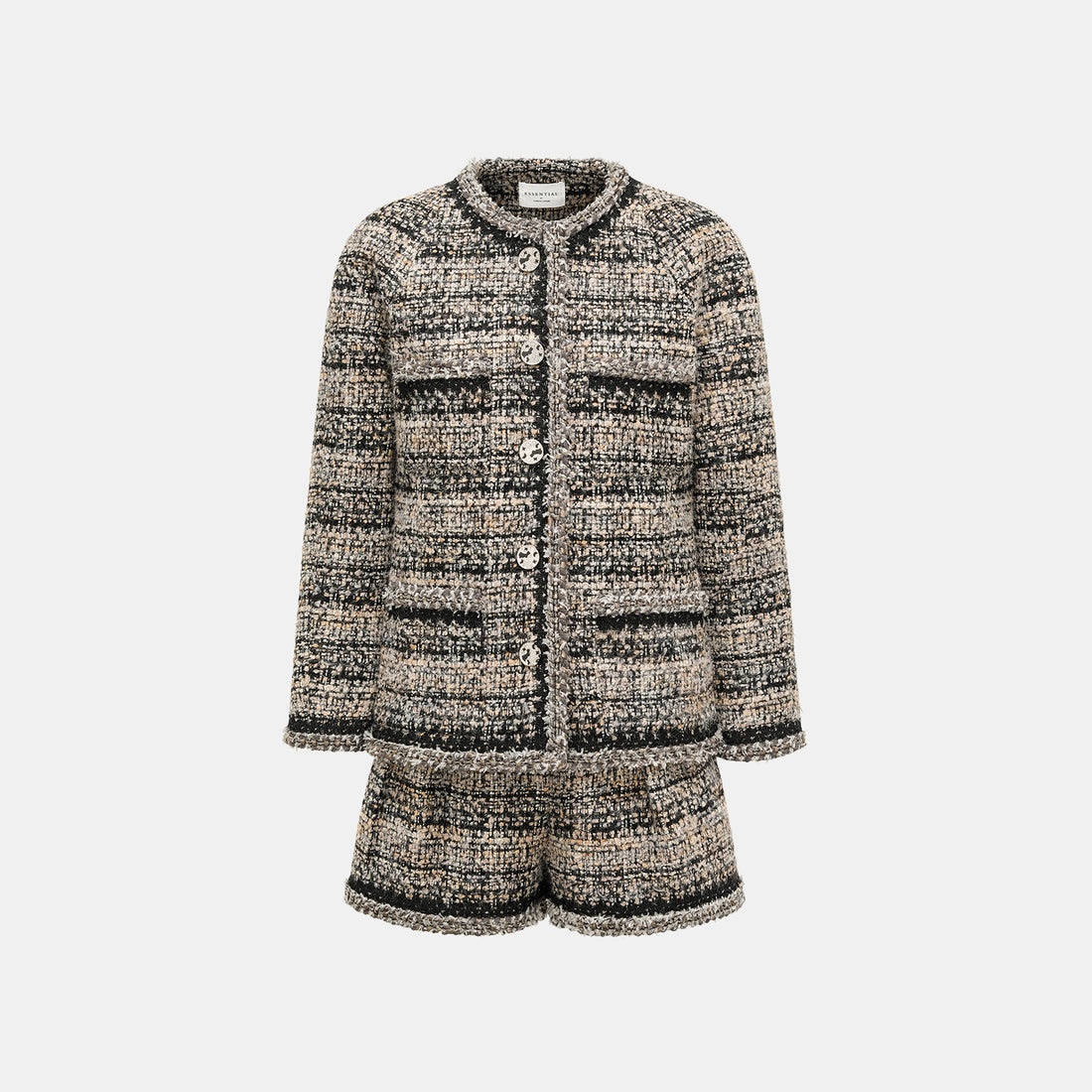 “Knightsbridge citywalk.” Tweed jacket – camel/black