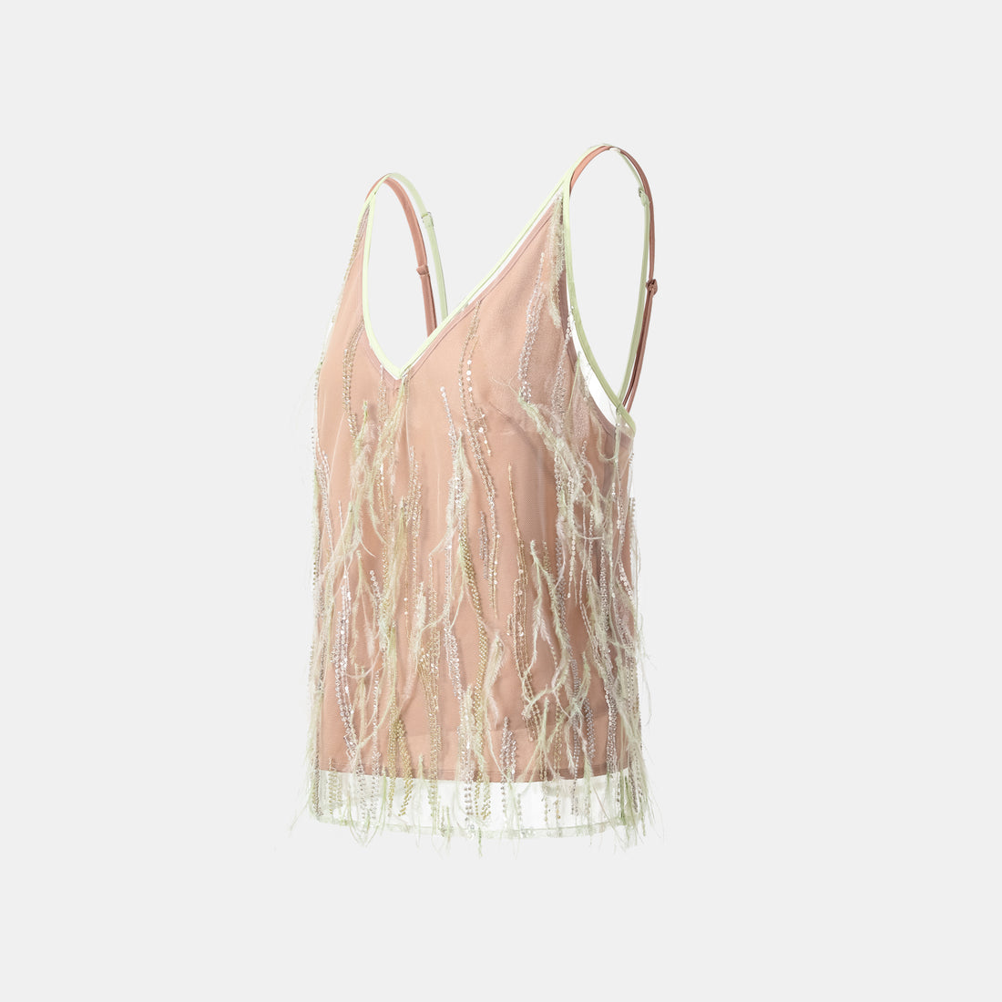 "Welcome to my party." Beaded feather spaghetti strap vest
