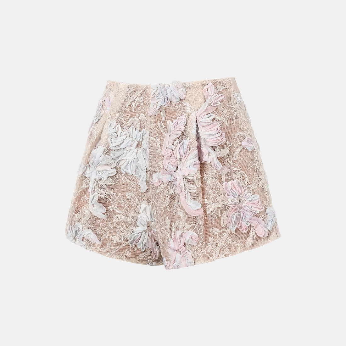"Imperial Garden Teatime." Dyed Satin Lace Shorts — Dawn Mist Bloom