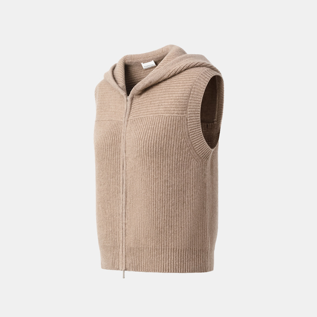 “Winter Diary” 100% Cashmere Hooded Zip-Up Vest—Earl Grey