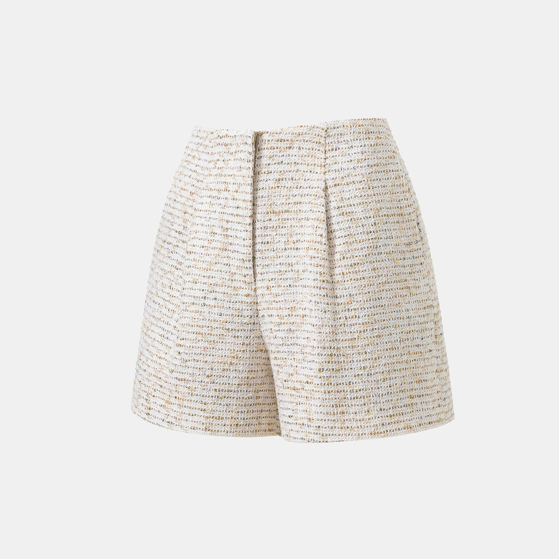"Chelsea Citywalk." Spanish gold-finish lightweight tweed shorts