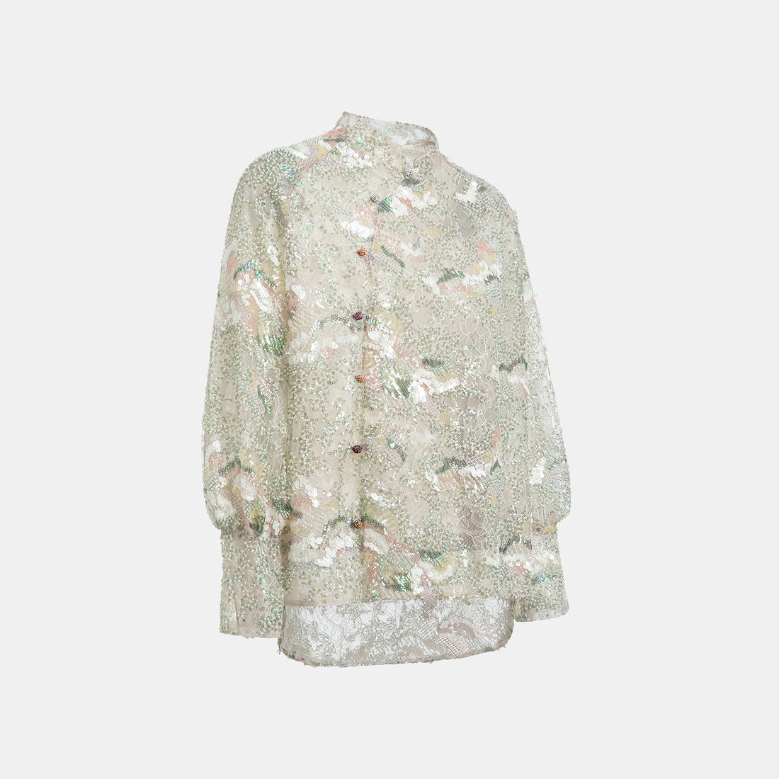 "Imperial Gala." Luxurious lace beaded light Chinese style blouse - sparse shadows and light smoke