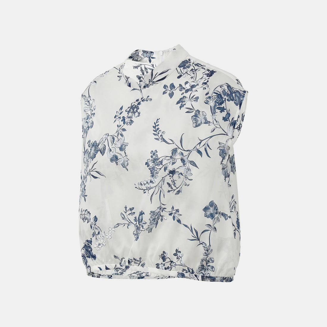 "Spring" Italian high-end custom-made silk organza light Chinese style top with painting and printing technology - Smoky Blue Whisper