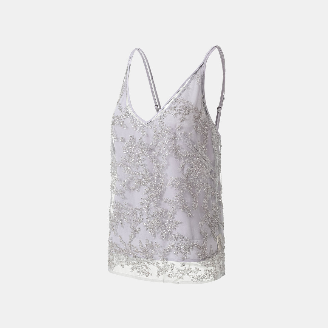 "Tea Banquet" Luxury Beaded Lace Spaghetti Strap Tank Top - Silver
