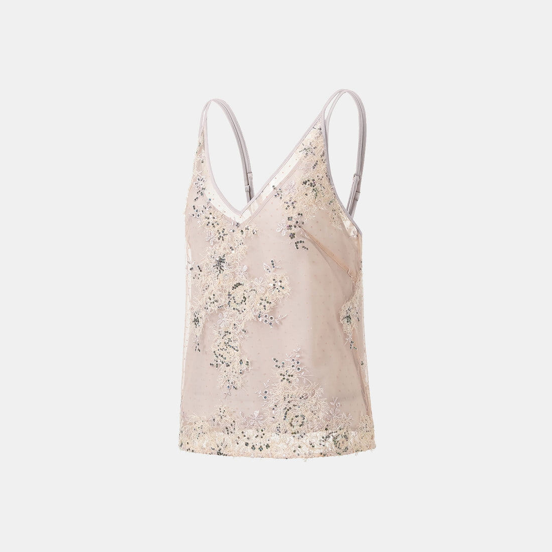 "Imperial Gala." Luxe lace and beaded spaghetti strap tank top