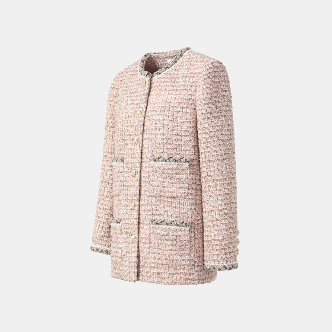 “Chelsea teatime.” Classic No.6 tweed jacket—Pink marshmallow