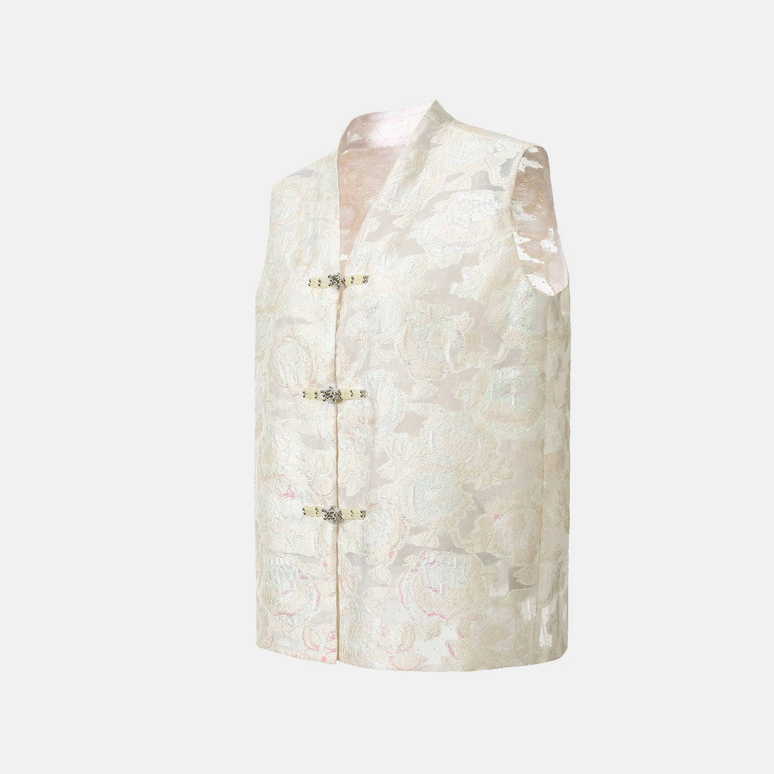 "Tea Banquet" Burning Flower Jacquard Light Chinese Style Vest - Moon Reflecting Lotus Pond