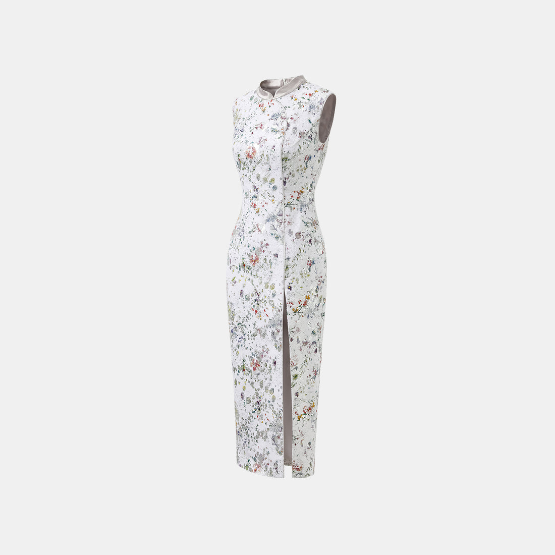 "Imperial Garden Teatime" Italian silver foil applique craft texture fabric light Chinese style cheongsam dress - Butterfly Shadow Dream