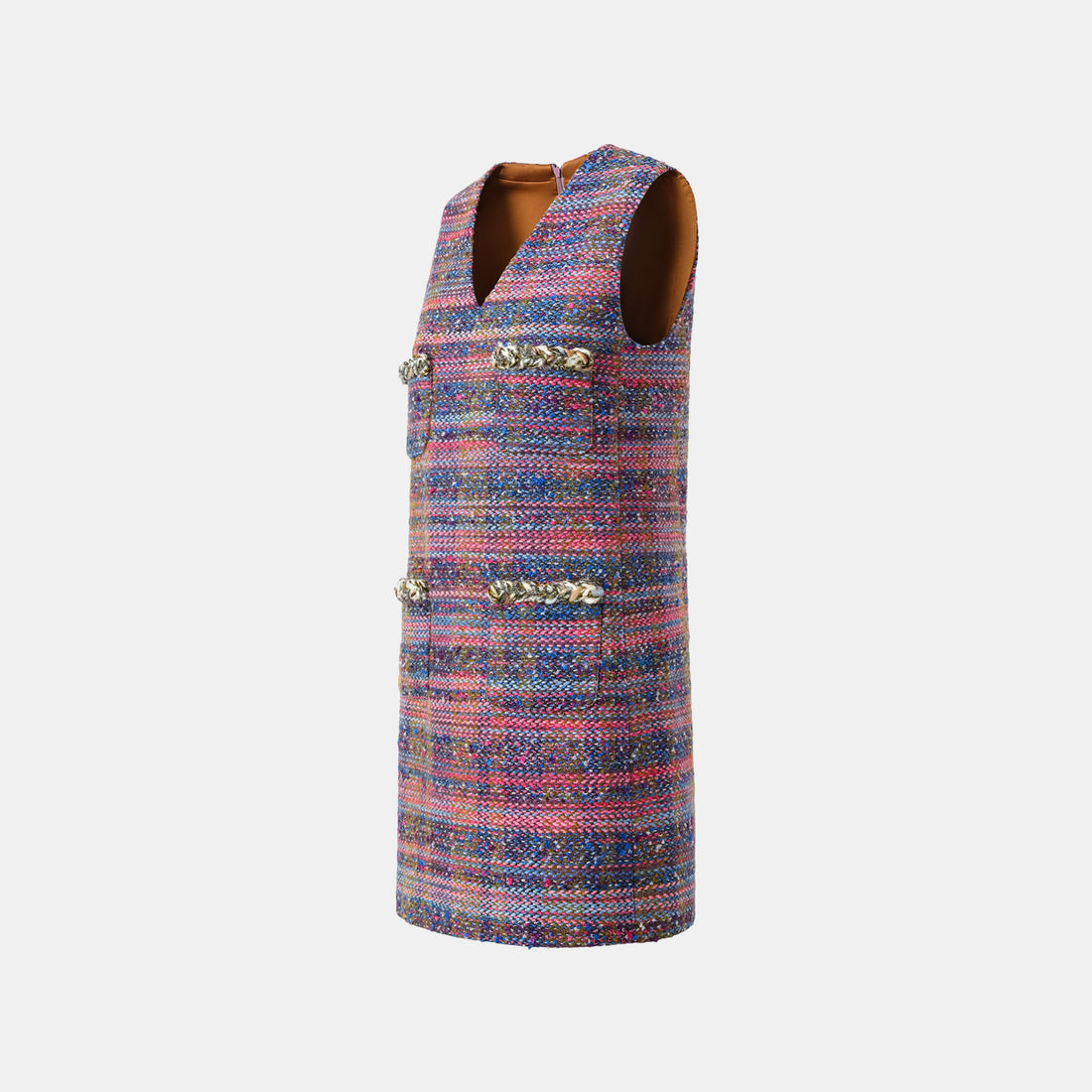 “Chelsea teatime.” Tweed A-line dress—Berry Happy