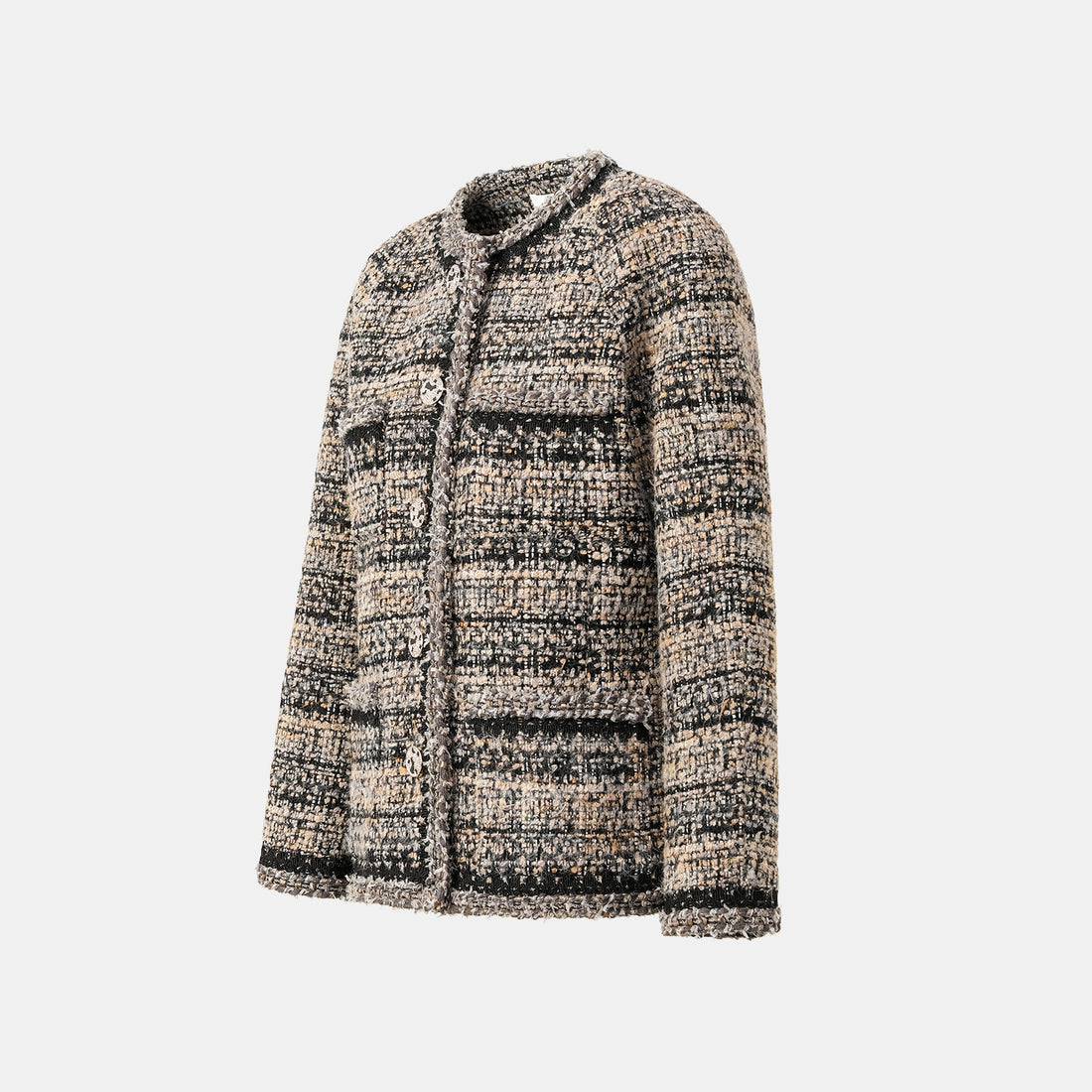 “Knightsbridge citywalk.” Tweed jacket – camel/black