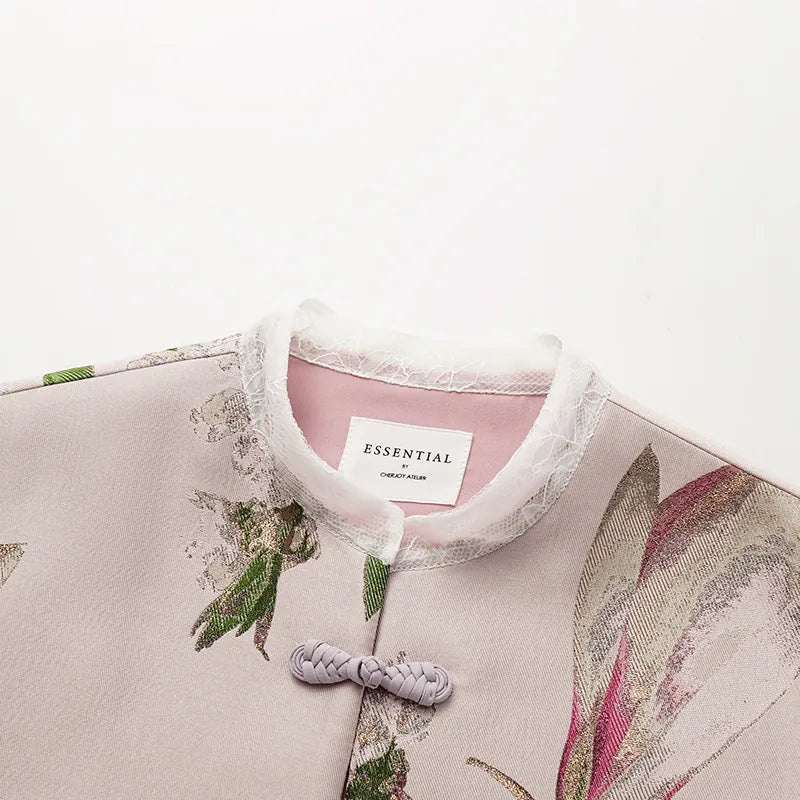 "Imperial Garden Teatime" Italian jacquard fabric patchwork vest midi vest - Magnolia