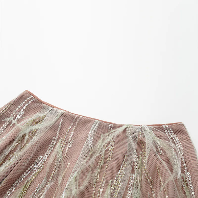 "Welcome to my party." Beaded feather craft shorts
