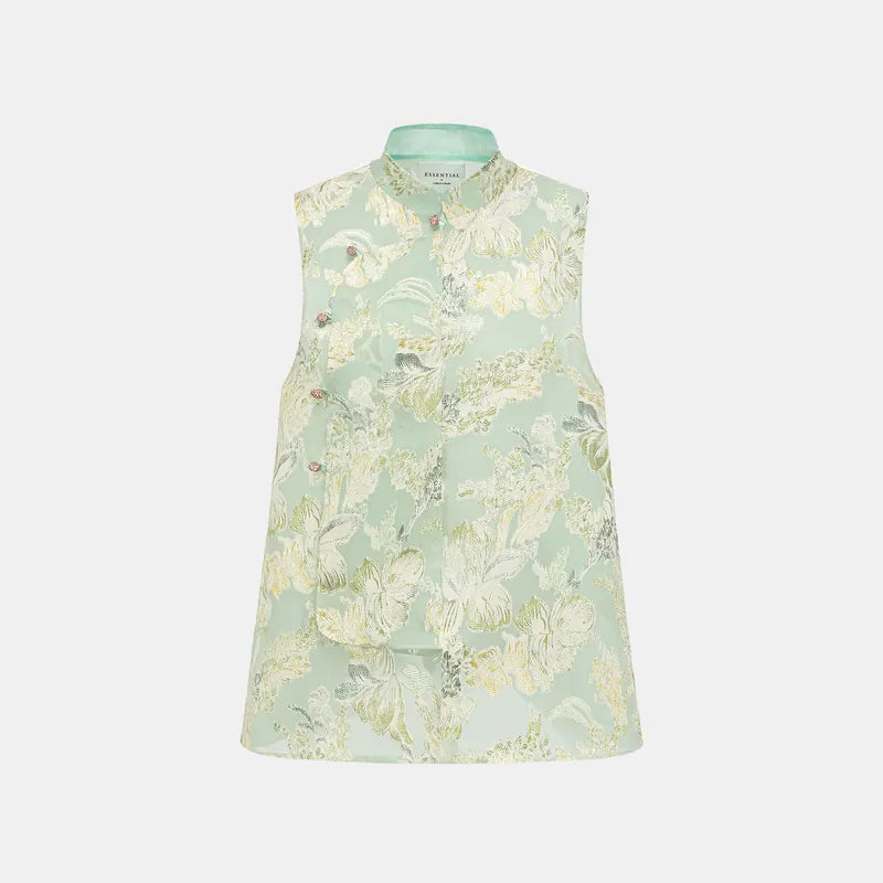 "Imperial Garden Teatime" Silk Brocade Embroidered Chinese Vest - Mint Green