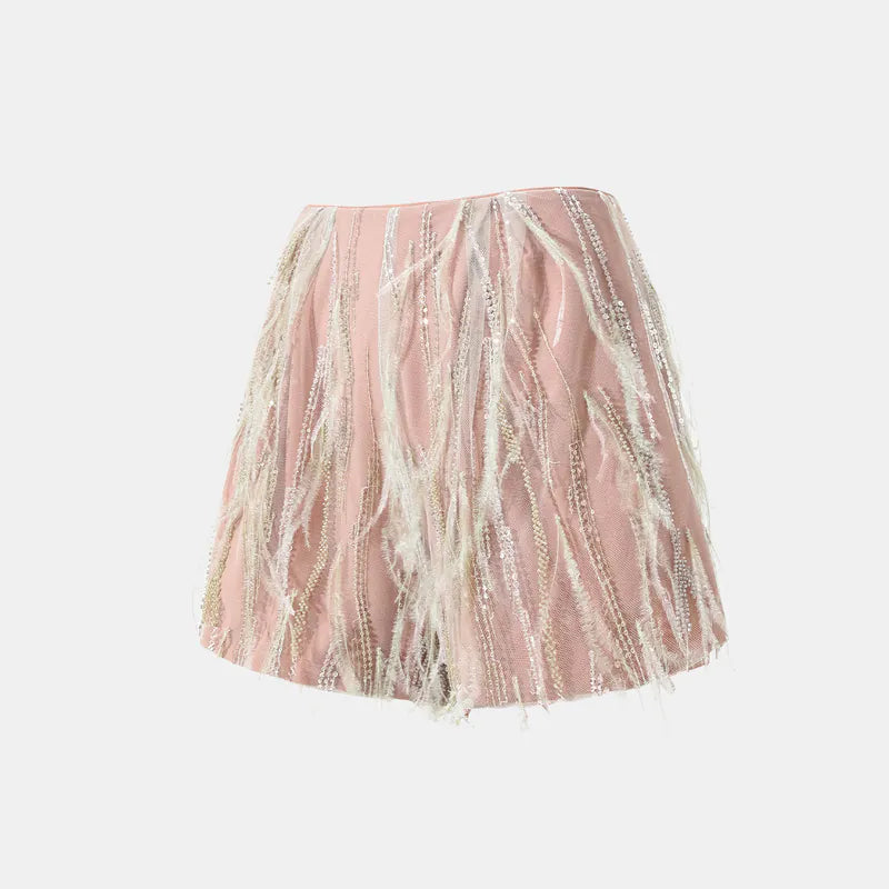 "Welcome to my party." Beaded feather craft shorts