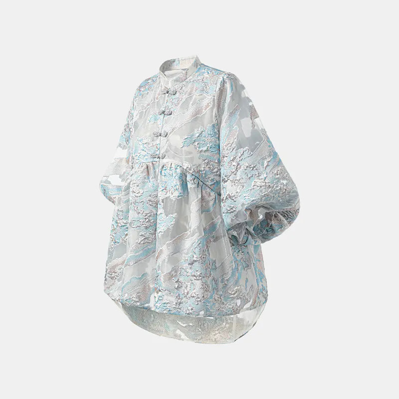 "Chun Shang Ya Ji" Italian jacquard fabric light Chinese style jacket - sky blue