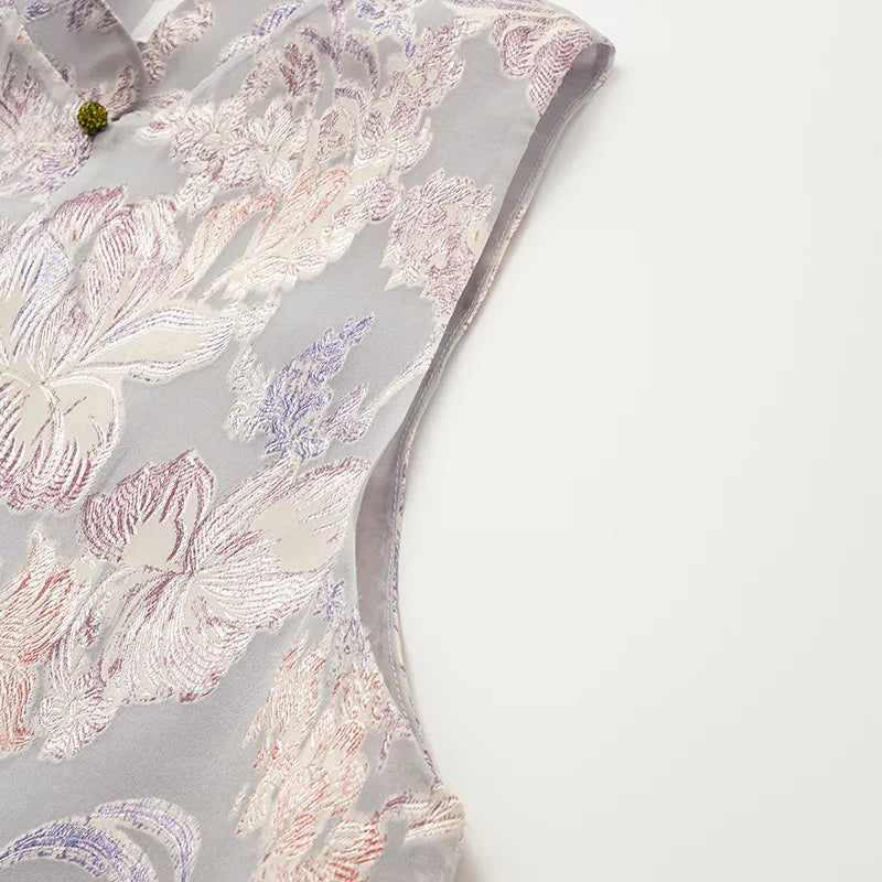 "Imperial Garden Teatime" Silk Brocade Embroidered Chinese Vest - Lilac