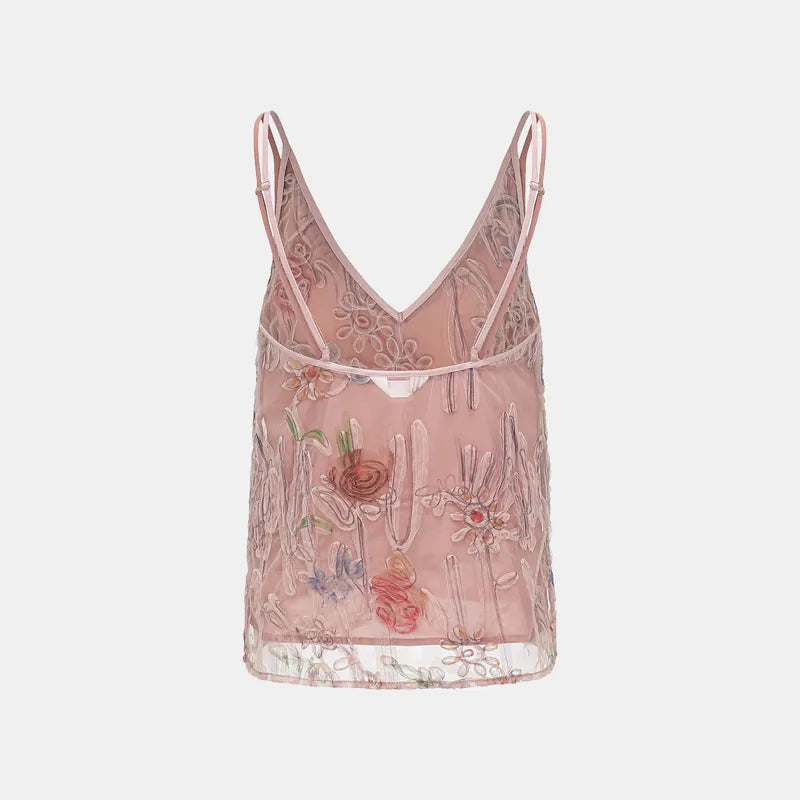 "Gallery Hours" Italian 3D painted lace spaghetti strap tank top