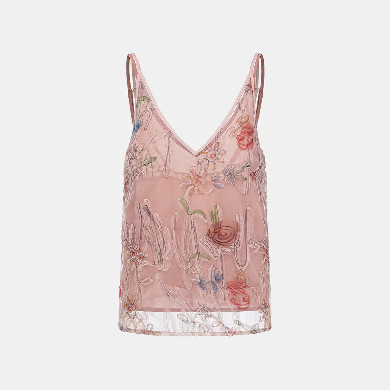 "Gallery Hours" Italian 3D painted lace spaghetti strap tank top
