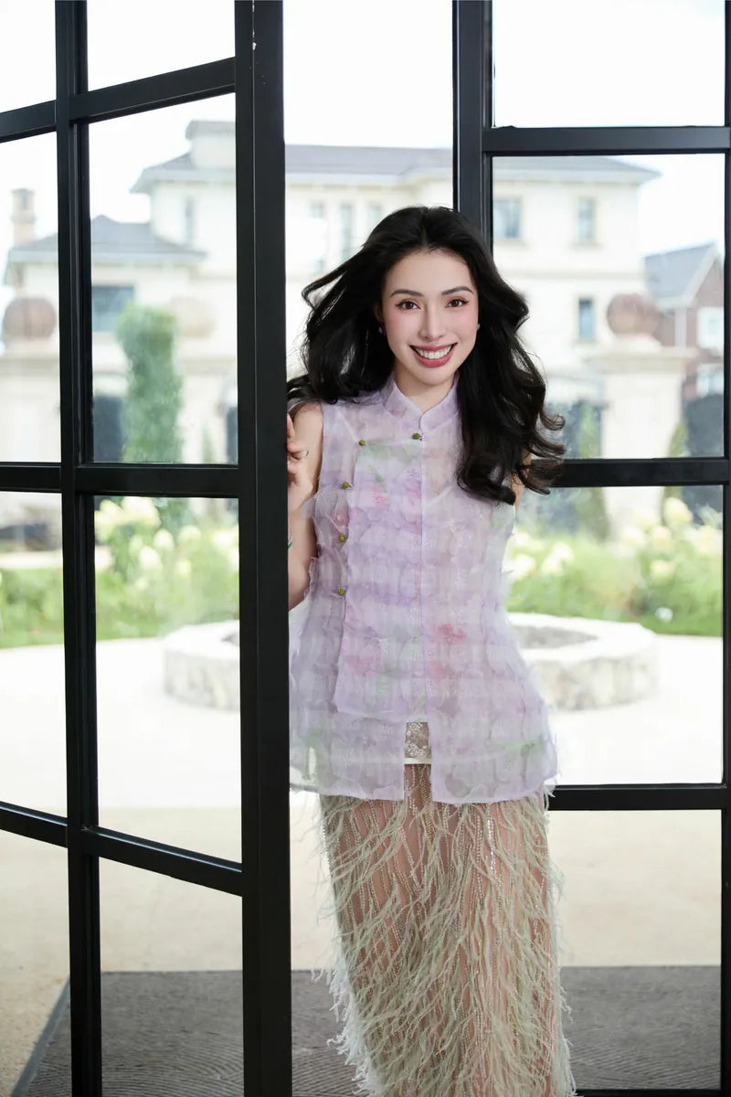 "Imperial Garden Teatime" Ruffo Coli Italian high-end custom-made three-dimensional craft fabric Chinese style top - Spring color