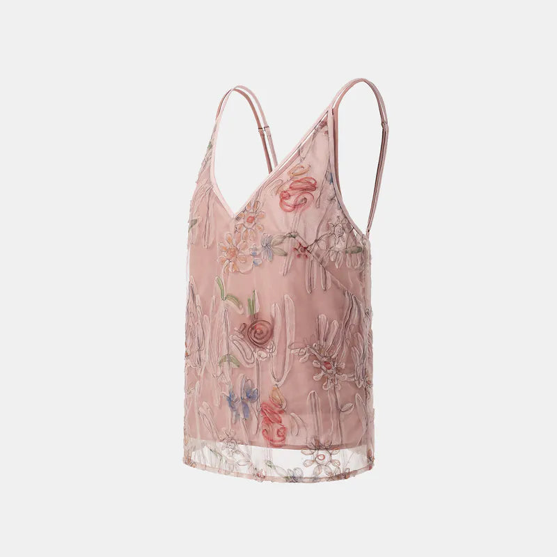 "Gallery Hours" Italian 3D painted lace spaghetti strap tank top