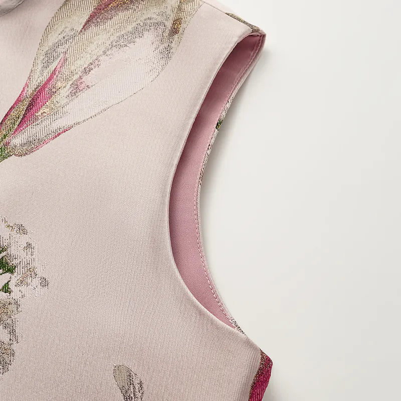 "Imperial Garden Teatime" Italian jacquard fabric patchwork vest midi vest - Magnolia