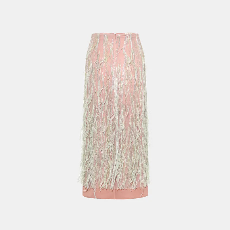 “Welcome to my party.” Beaded feather pencil skirt