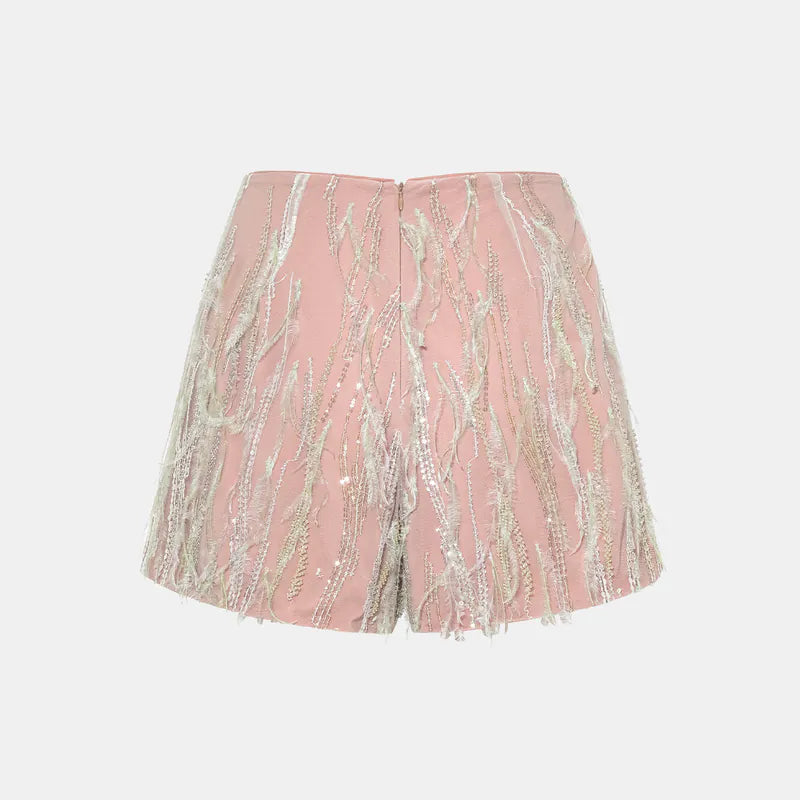 "Welcome to my party." Beaded feather craft shorts