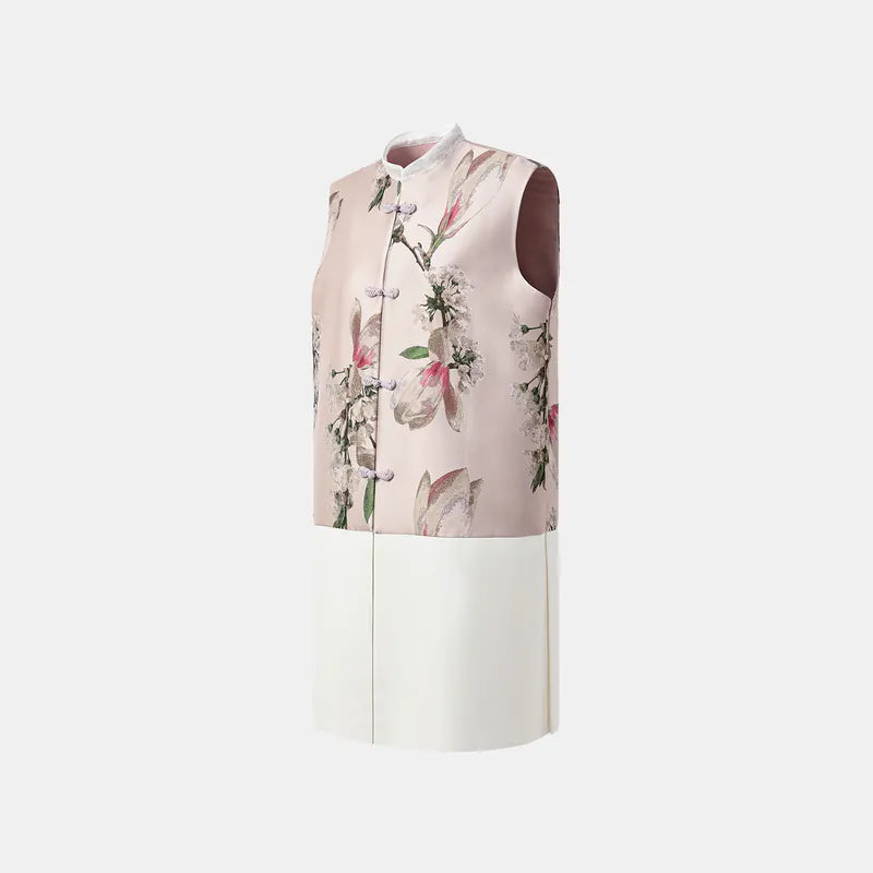 "Imperial Garden Teatime" Italian jacquard fabric patchwork vest midi vest - Magnolia