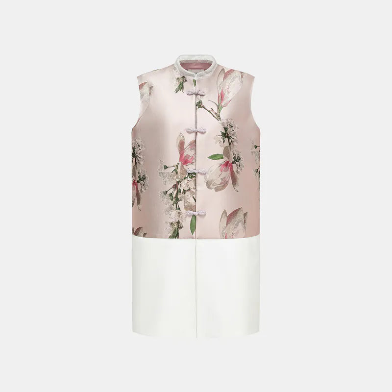 "Imperial Garden Teatime" Italian jacquard fabric patchwork vest midi vest - Magnolia