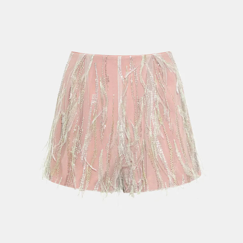"Welcome to my party." Beaded feather craft shorts