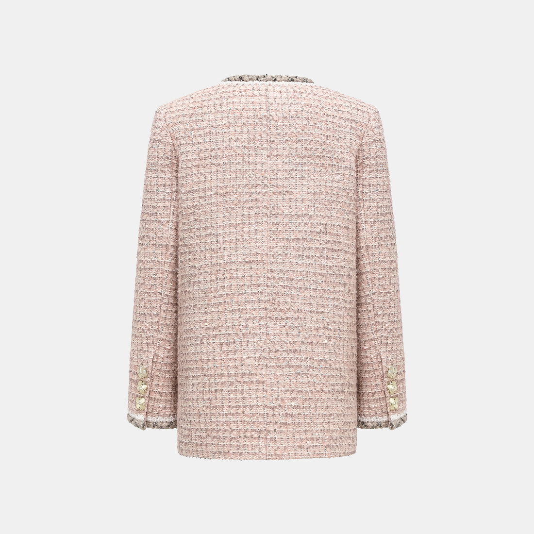 “Chelsea teatime.” Classic No.6 tweed jacket—Pink marshmallow