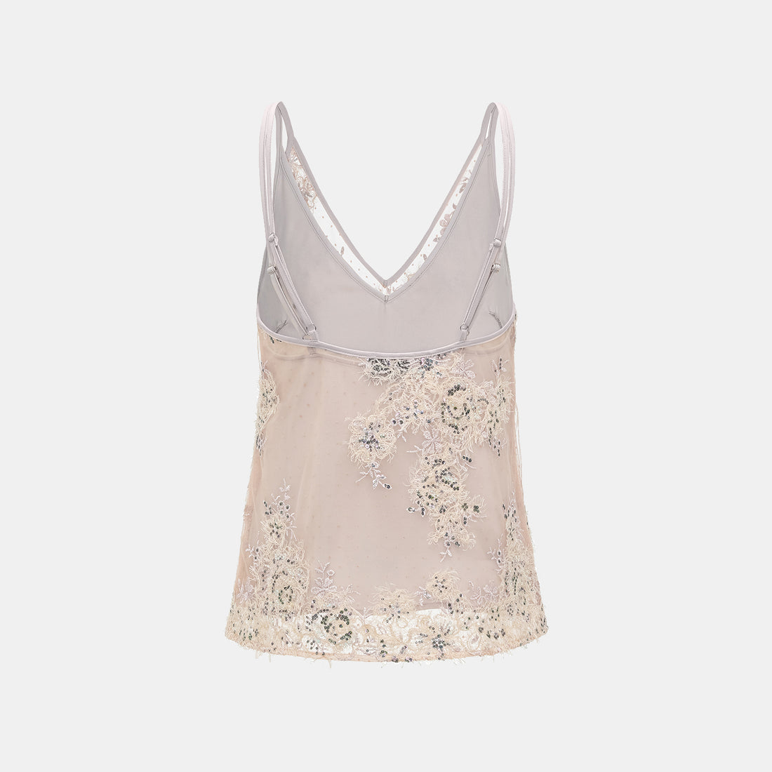 "Imperial Gala." Luxe lace and beaded spaghetti strap tank top