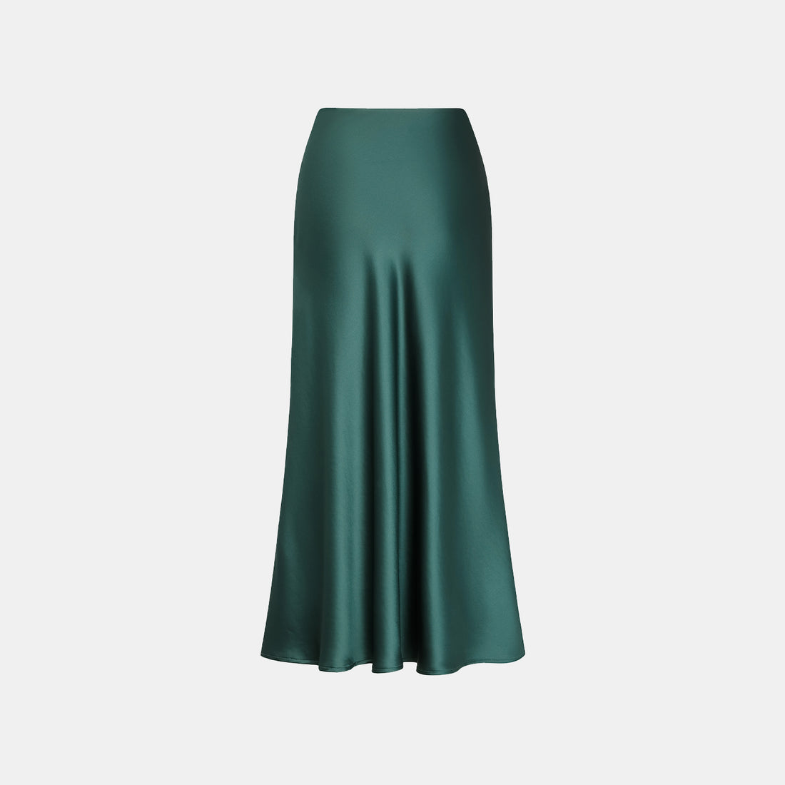 “Daytime sparkle.” Satin draped below-the-knee skirt—Emerald