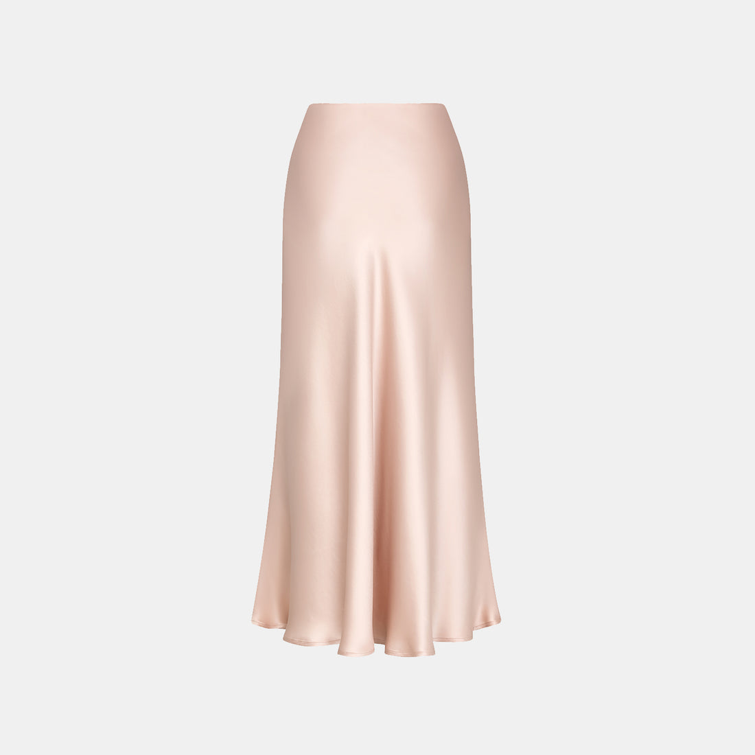 “Daytime sparkle.” Satin draped below-the-knee skirt—nude pink