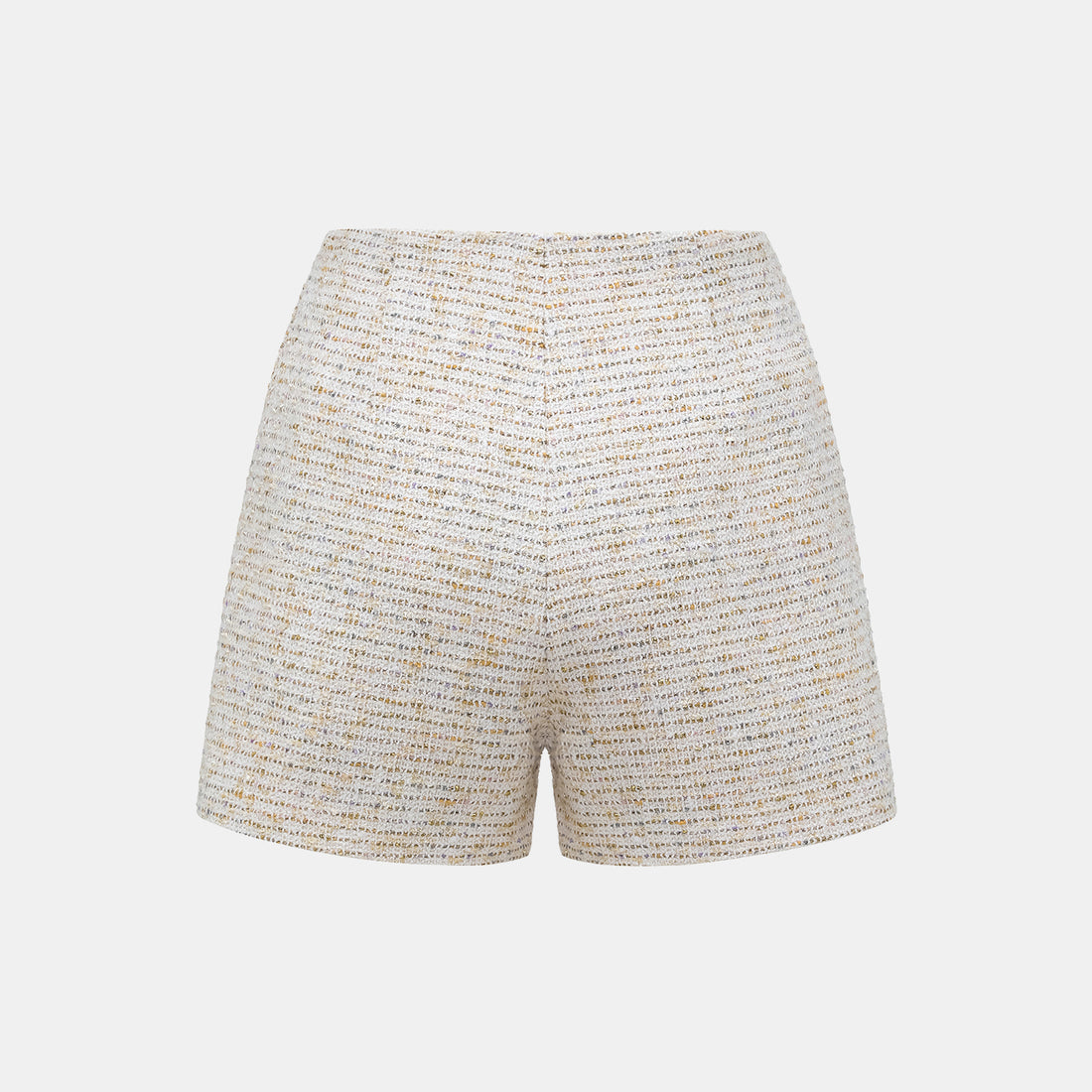 "Chelsea Citywalk." Spanish gold-finish lightweight tweed shorts