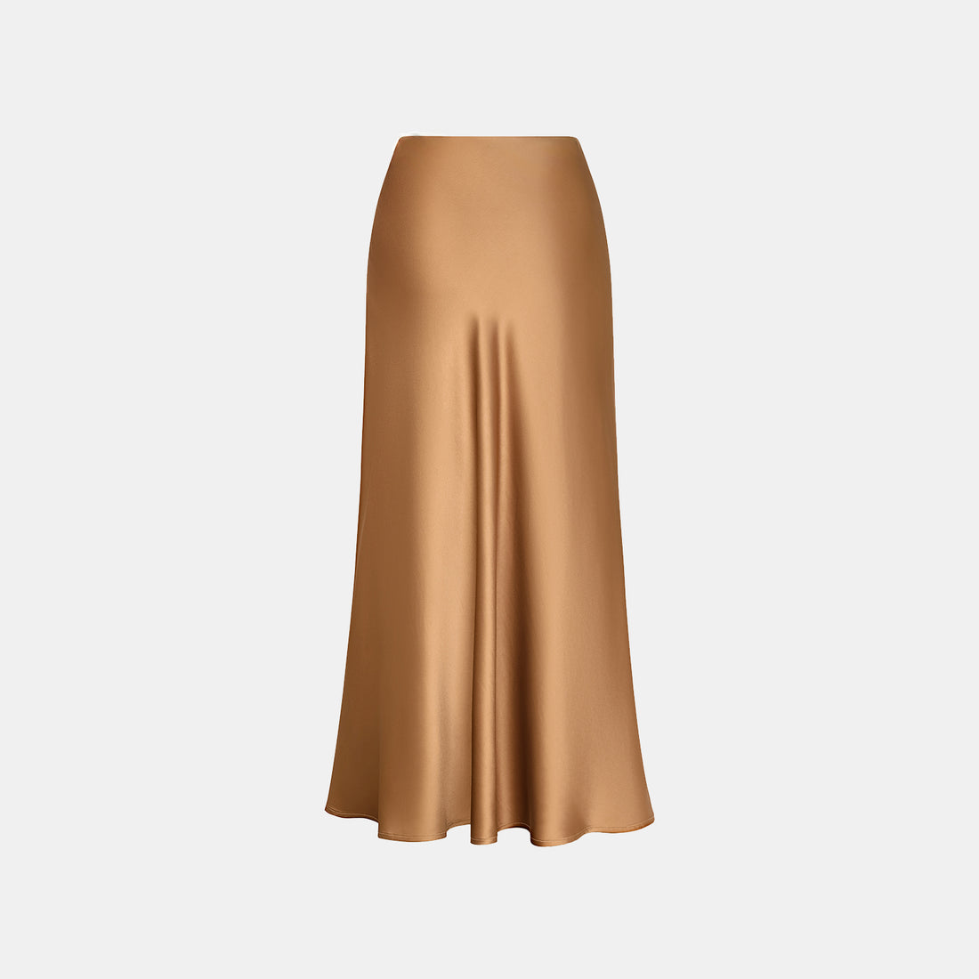 “Daytime sparkle.” Satin draped below-the-knee skirt—Caramel gold