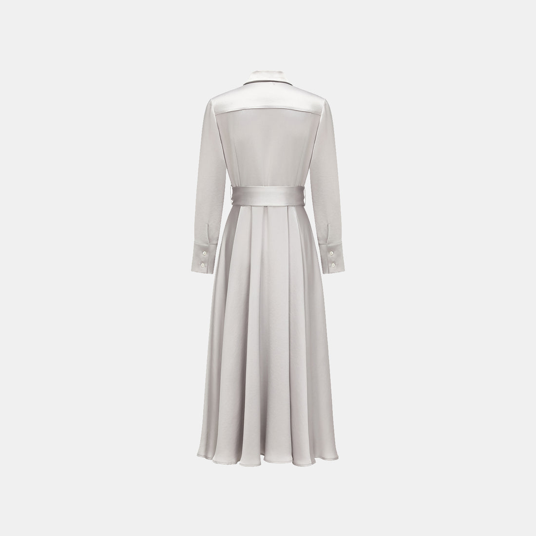 “True Grace.” Crystal scale texture acetate shirt dress—silver gray