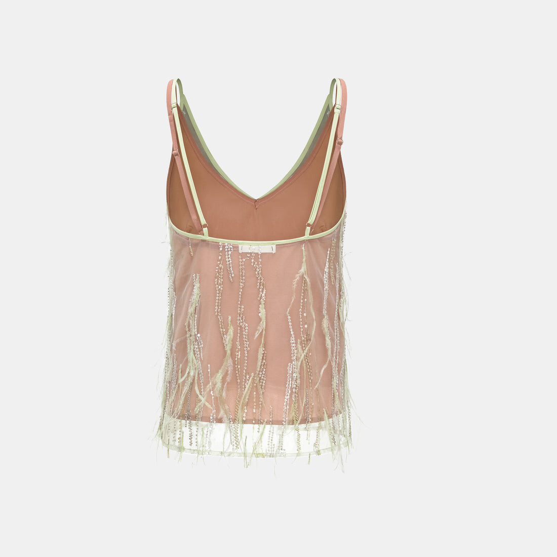 "Welcome to my party." Beaded feather spaghetti strap vest