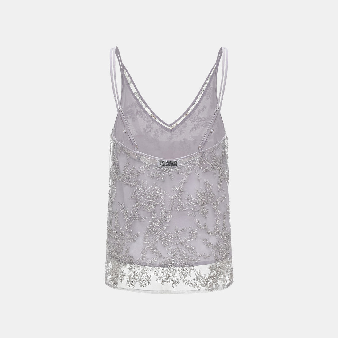 "Tea Banquet" Luxury Beaded Lace Spaghetti Strap Tank Top - Silver
