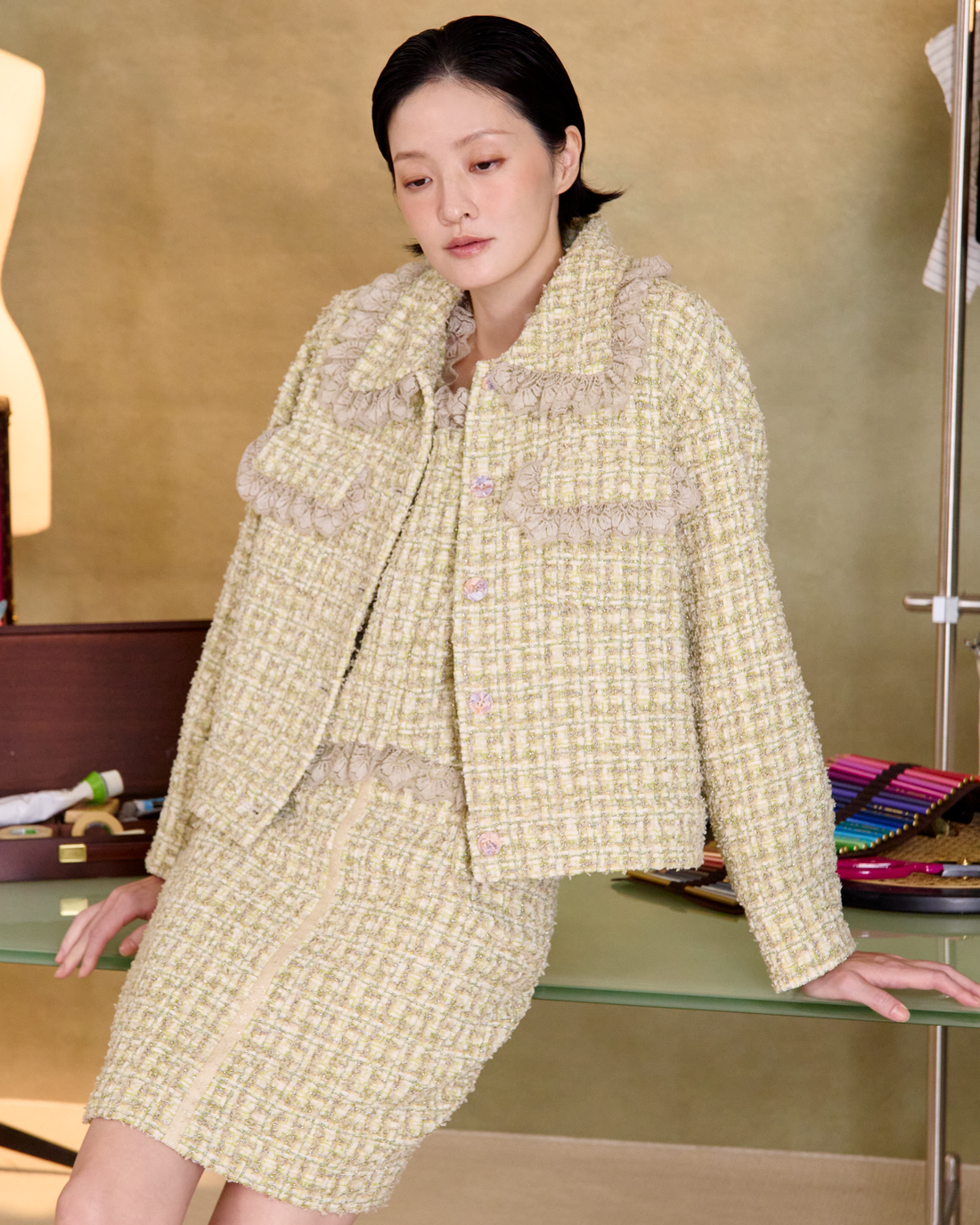 “一身晴朗 A Brighter Mood” 日本高級訂製手工織造真絲羊毛工藝經典蕾絲拼接 No.16 Oversized 花呢外套