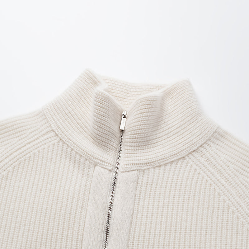"Winter Diary" 100% Cashmere High Neck Panelled Jacket—Milk