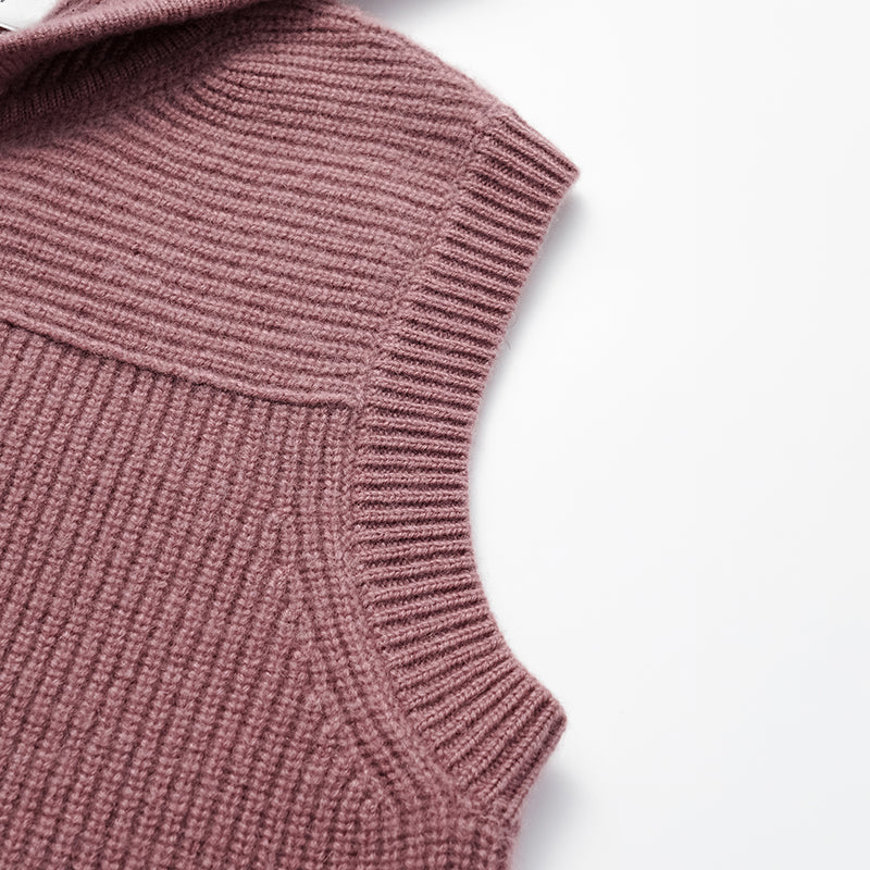 “Winter Diary” 100% Cashmere Hooded Zip-Up Vest—Strawberry Macaron