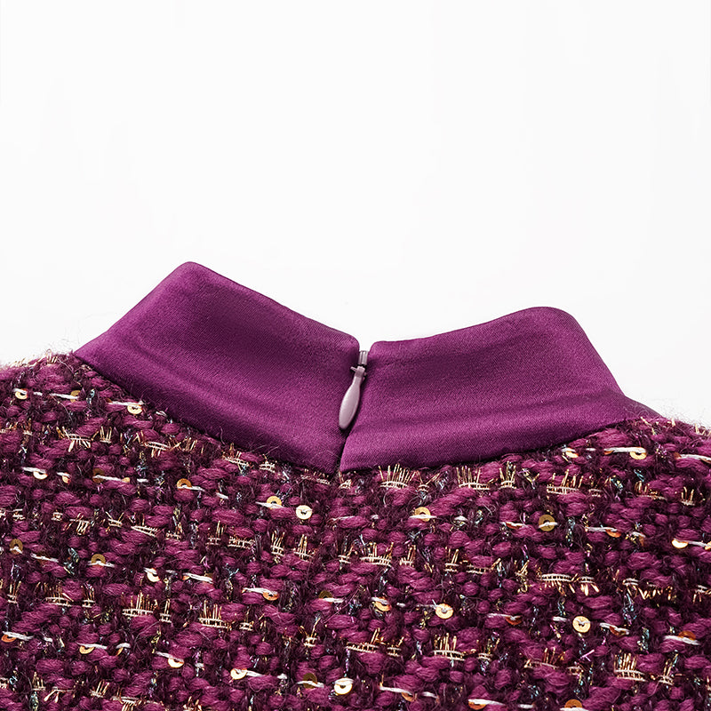 "Chelsea Tea Time" Tweed Faux Two-Piece Dress—Grape.