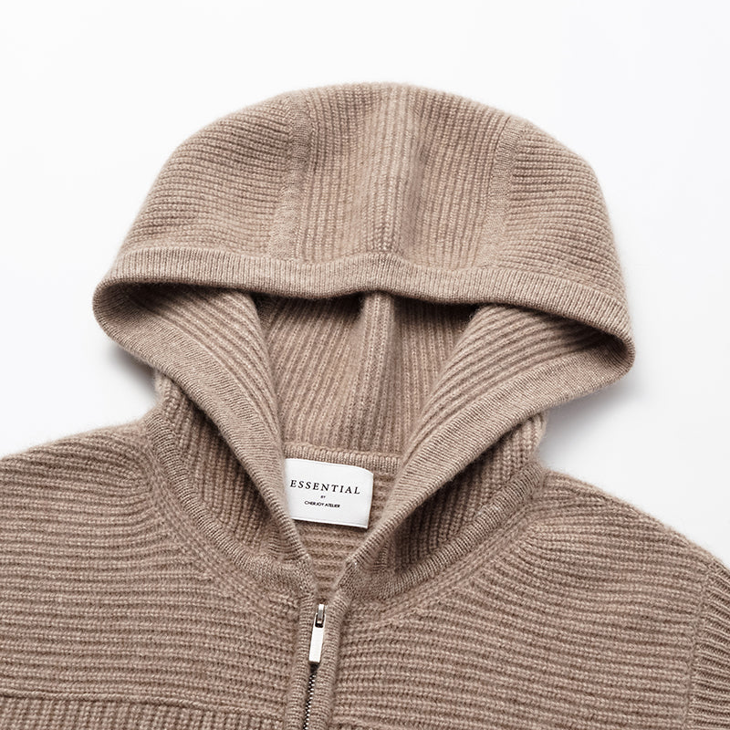 “Winter Diary” 100% Cashmere Hooded Zip-Up Vest—Earl Grey