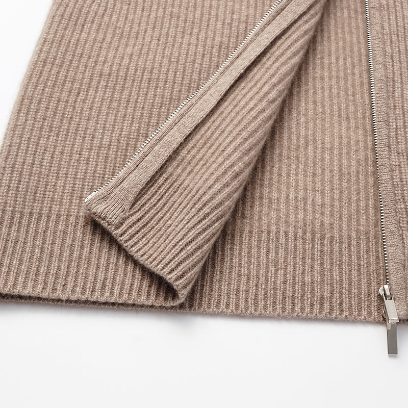 “Winter Diary” 100% Cashmere Hooded Zip-Up Vest—Earl Grey