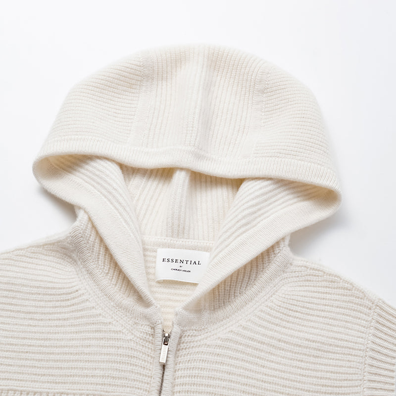 “Winter Diary” 100% Cashmere Hooded Zip-Up Vest—Milk