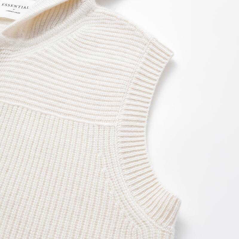 “Winter Diary” 100% Cashmere Hooded Zip-Up Vest—Milk